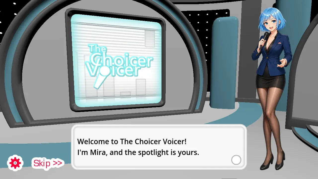 Mira welcomes the player in The Choicer Voicer studio
