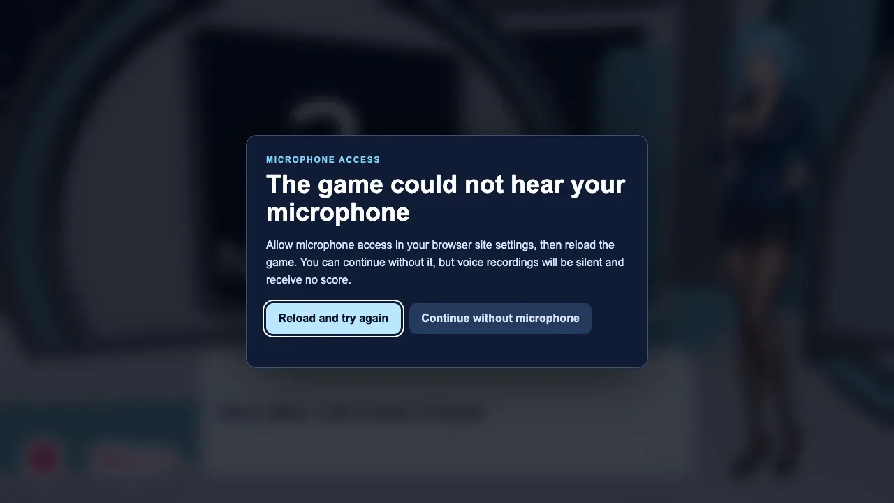 Microphone access dialog asking to reload or continue without a microphone