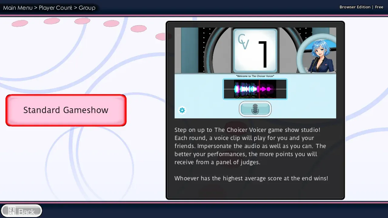 Group Standard Gameshow menu with Mira in the preview and no online lobby