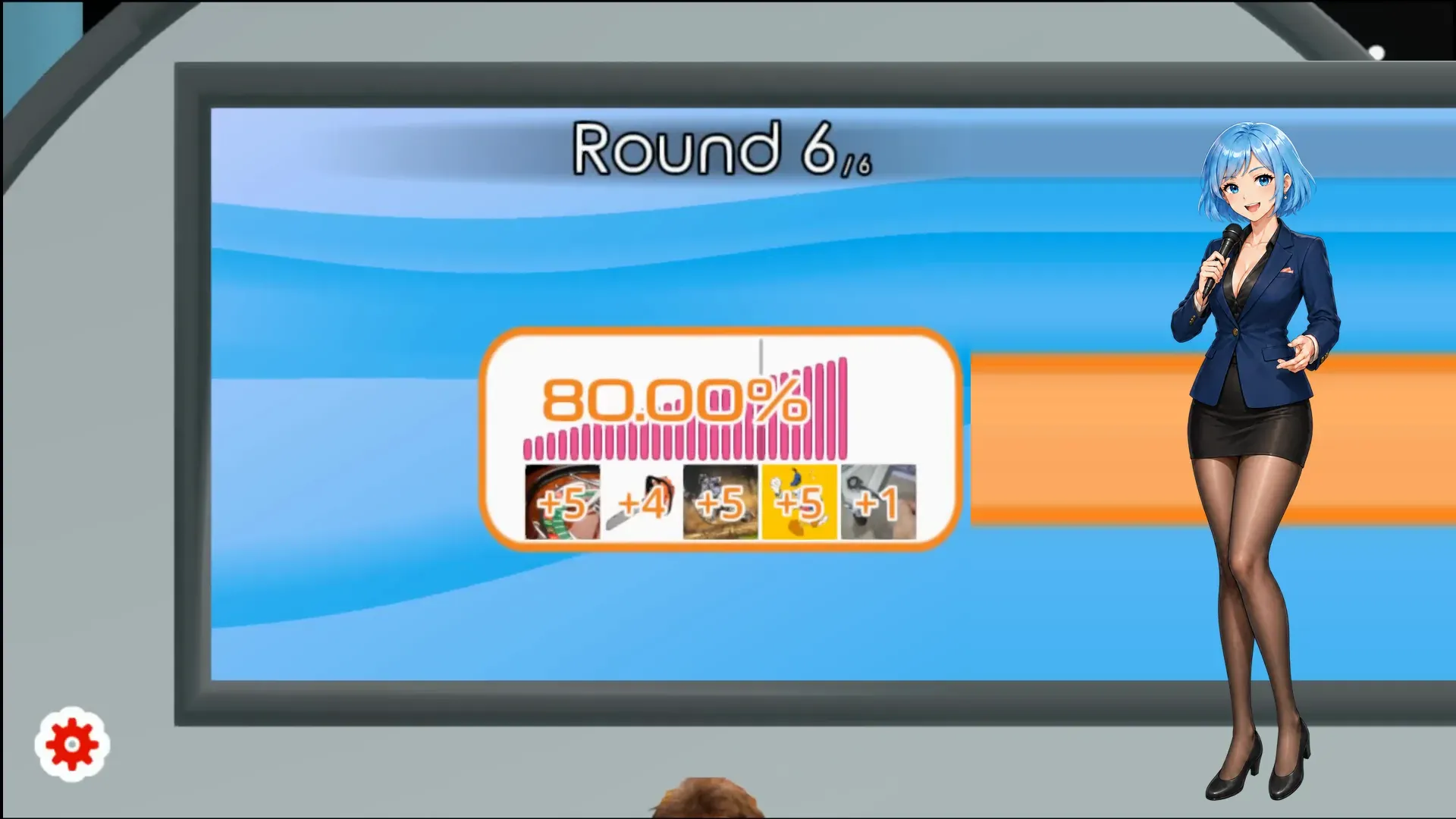 Round result showing 80 percent while Mira stands on the right