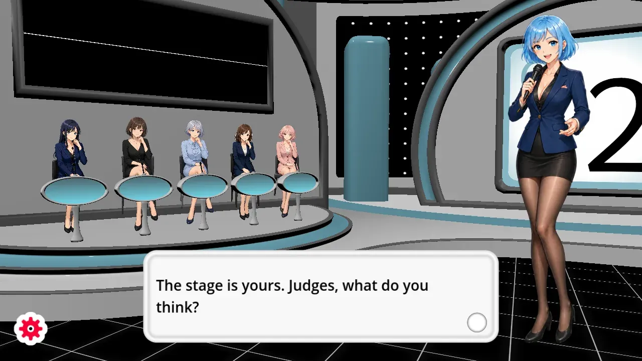Five judges sit on the left while Mira holds the stage