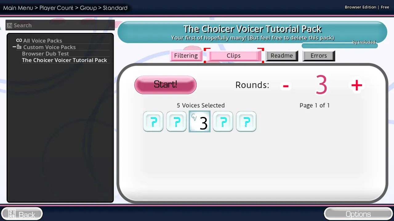 Tutorial Pack start screen with three rounds and the built-in clip set