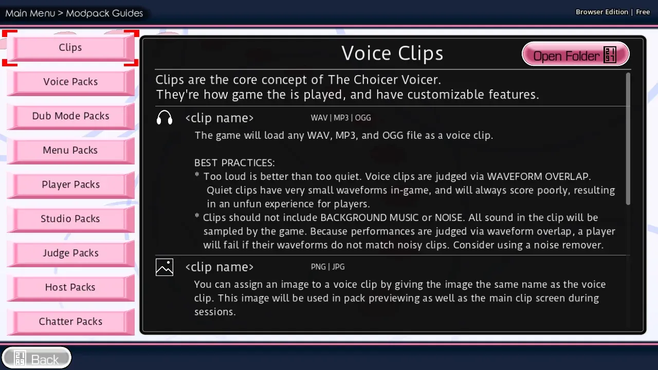 In-game Voice Clips guide listing audio formats and waveform advice