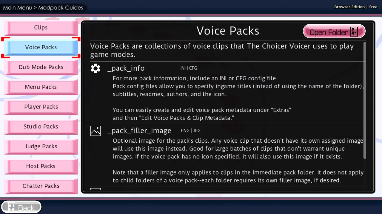 In-game Voice Packs guide describing clip collections and pack files